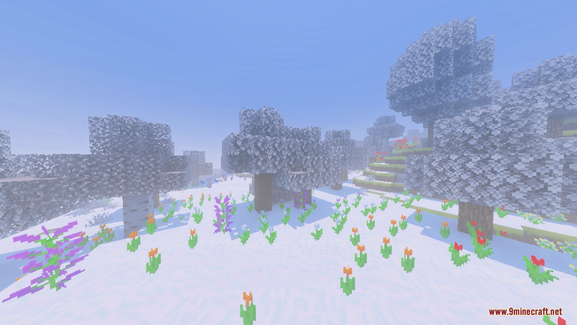 Project Silent Breakpoint Weather Cycle Shader Screenshot 5 A bright winter landscape with snow covered ground and blooming colorful flowers