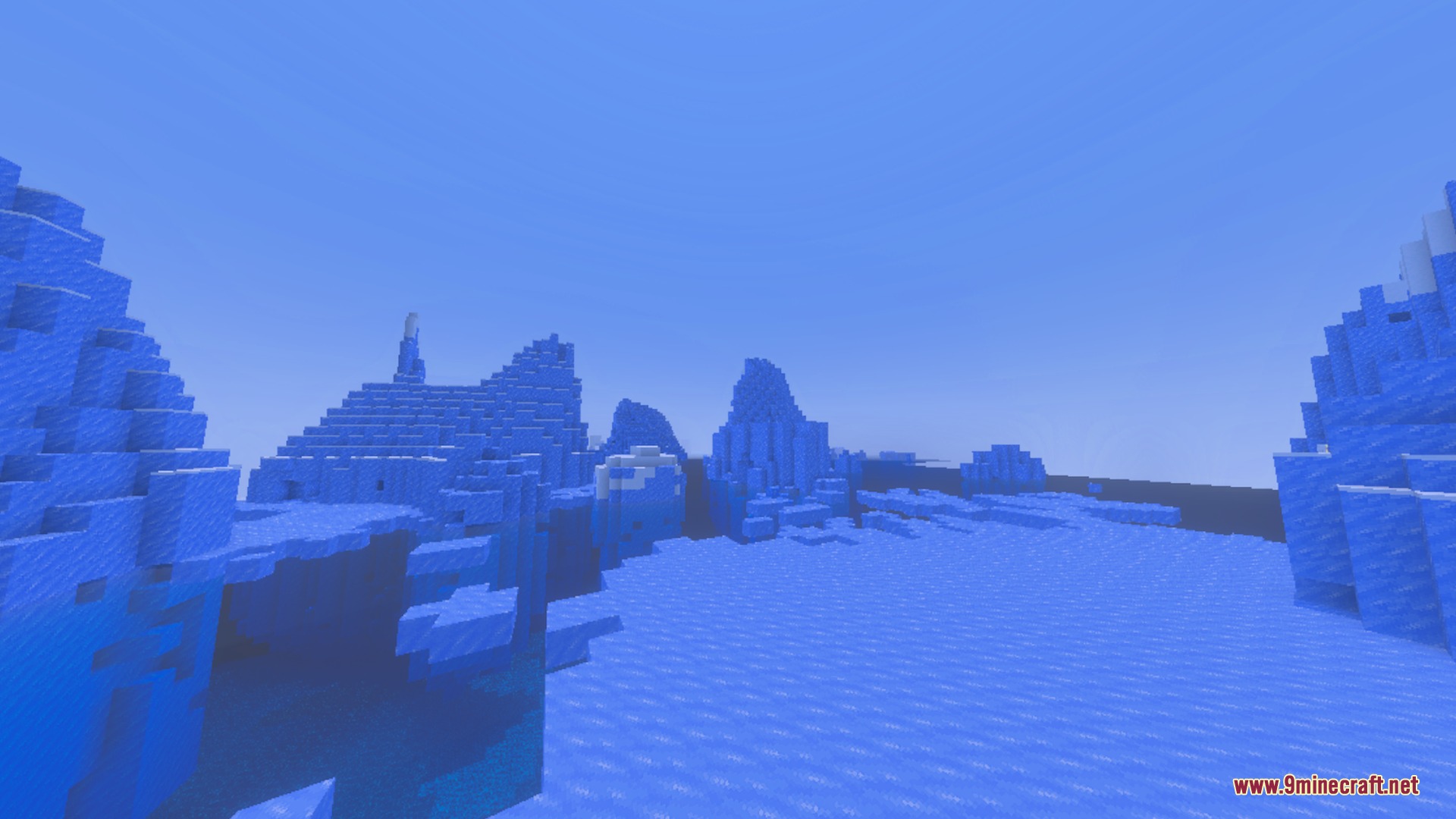 Project Stasis Shader Screenshot 3 Stylized blue ice spikes and frozen water in a cold Minecraft biome
