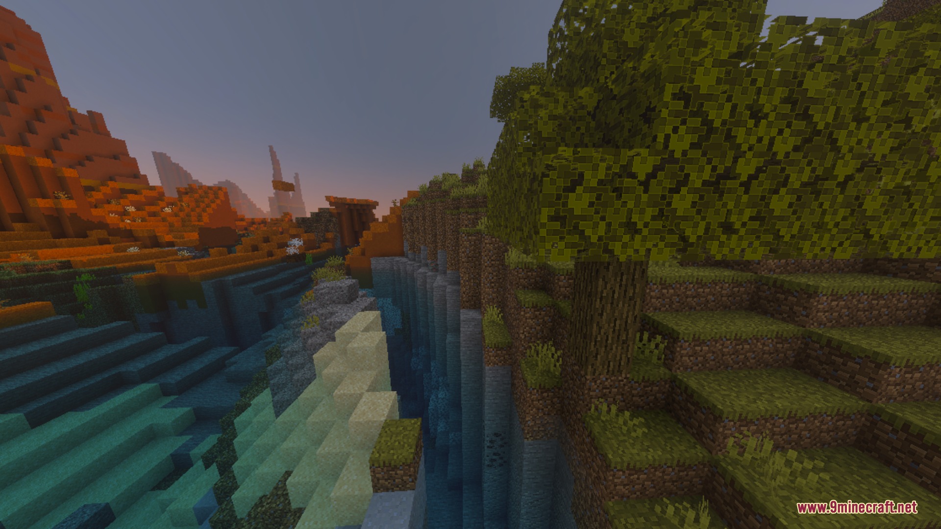 Project Stasis Shader Screenshot 9 A deep canyon with soft fog between grassy hills and orange mesa mountains