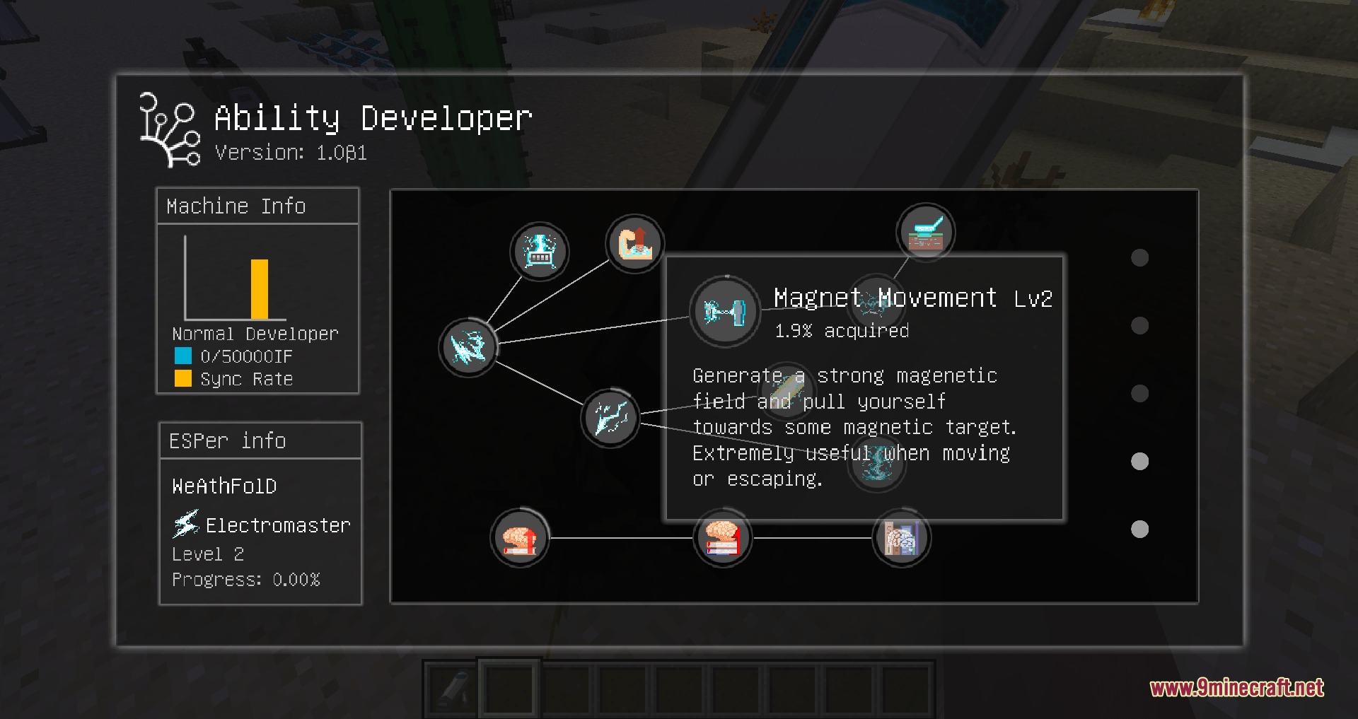 Psychic Peak Evolution Mod Screenshot 4 The Psychic Peak Evolution Mod Ability Developer menu displays the Electromaster skill tree