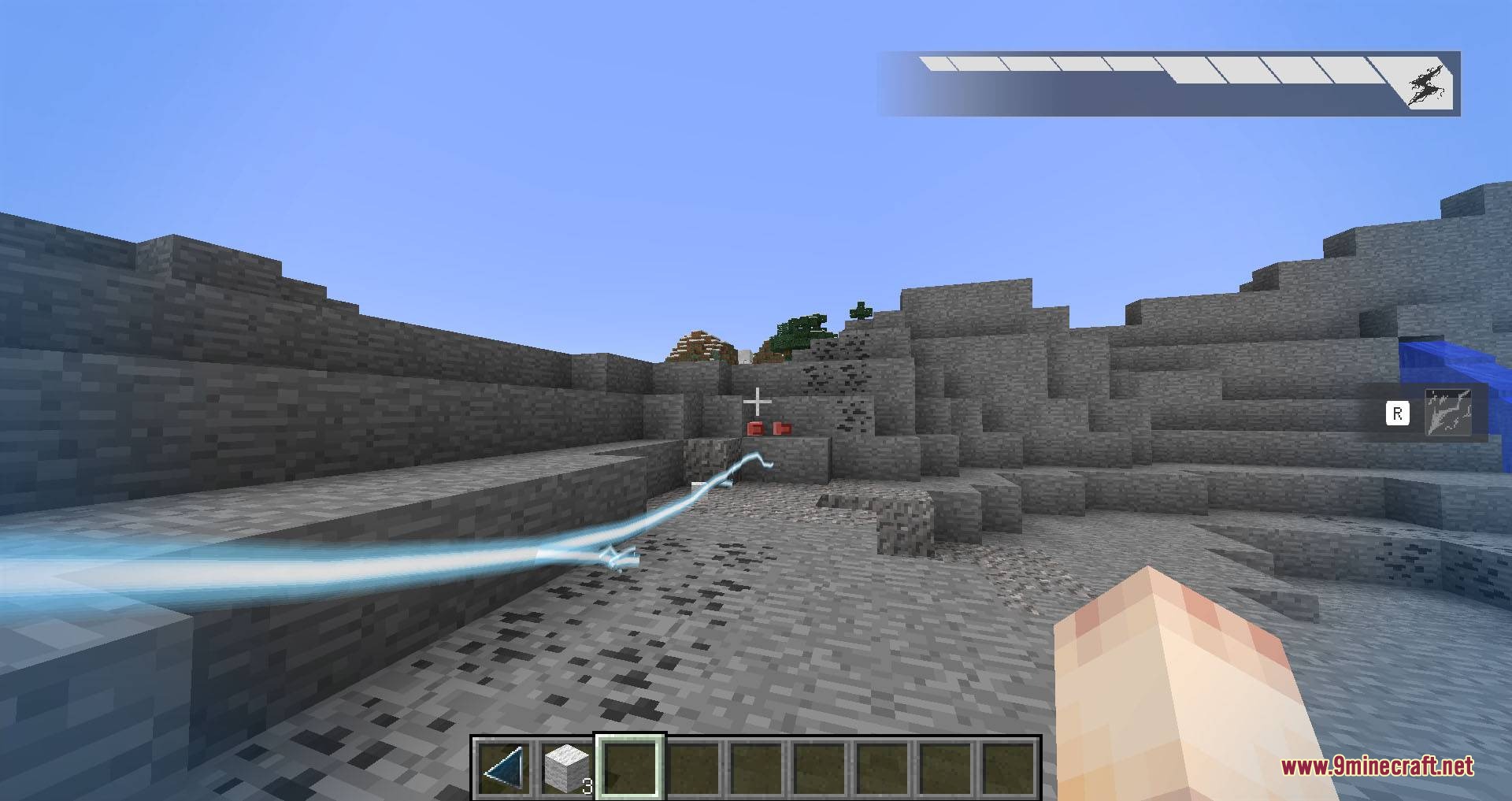Psychic Peak Evolution Mod Screenshot 5 Player firing a blue electric arc across a rocky landscape in Minecraft