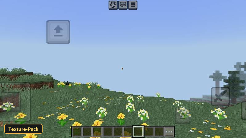 Grassy hillside with yellow and white flowers, small dot crosshair