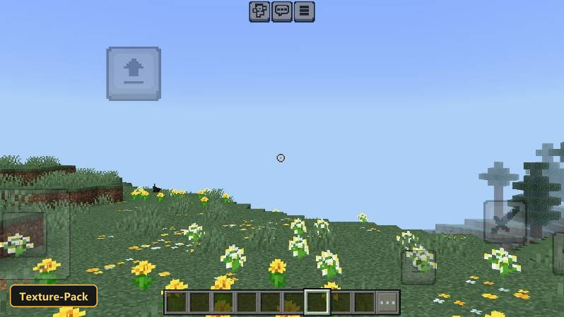 Grassy hillside with yellow and white flowers, small circle crosshair
