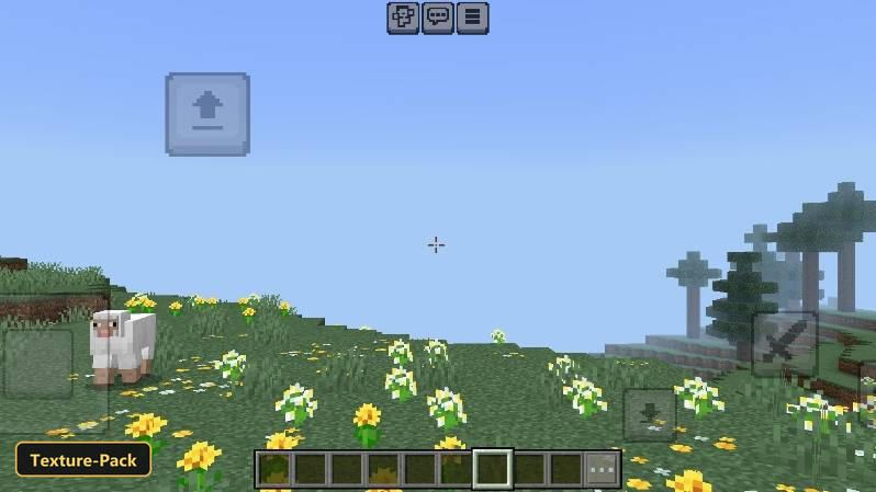 Grassy hillside with yellow and white flowers, sheep, small crosshair