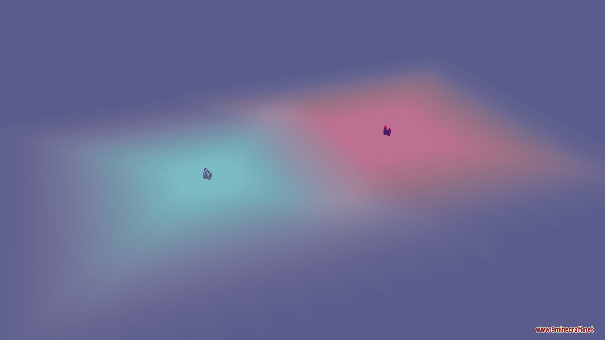 Two small items casting soft cyan and pink light across the floor