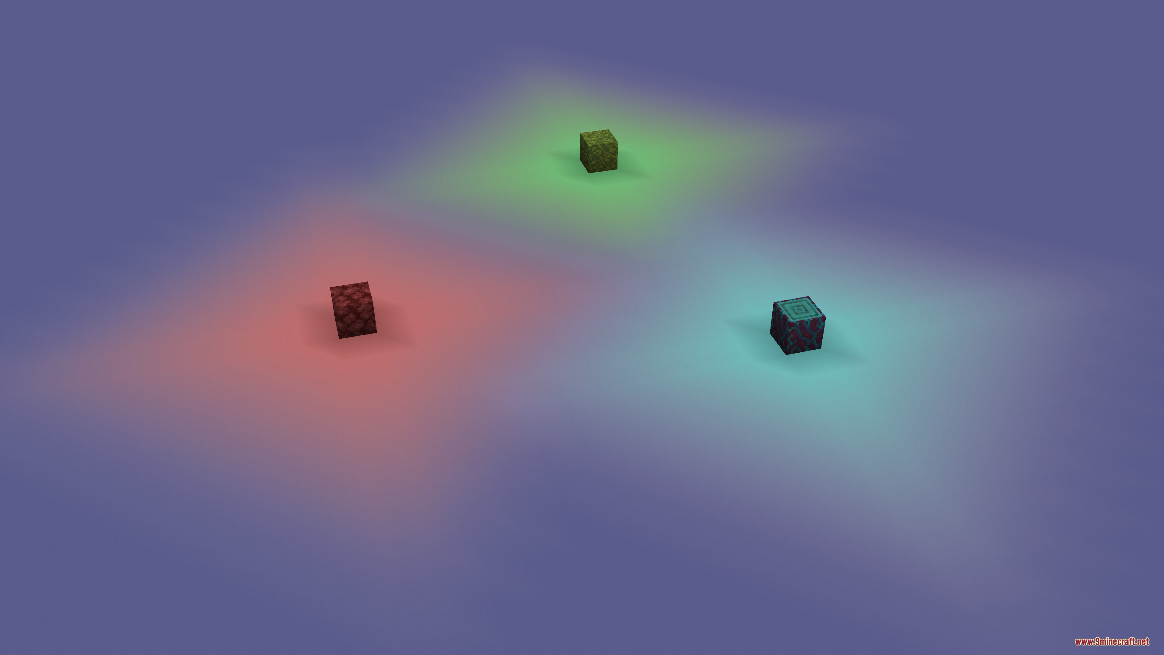 Three blocks emitting colored light using the Radiant Spectrum Logic Mod