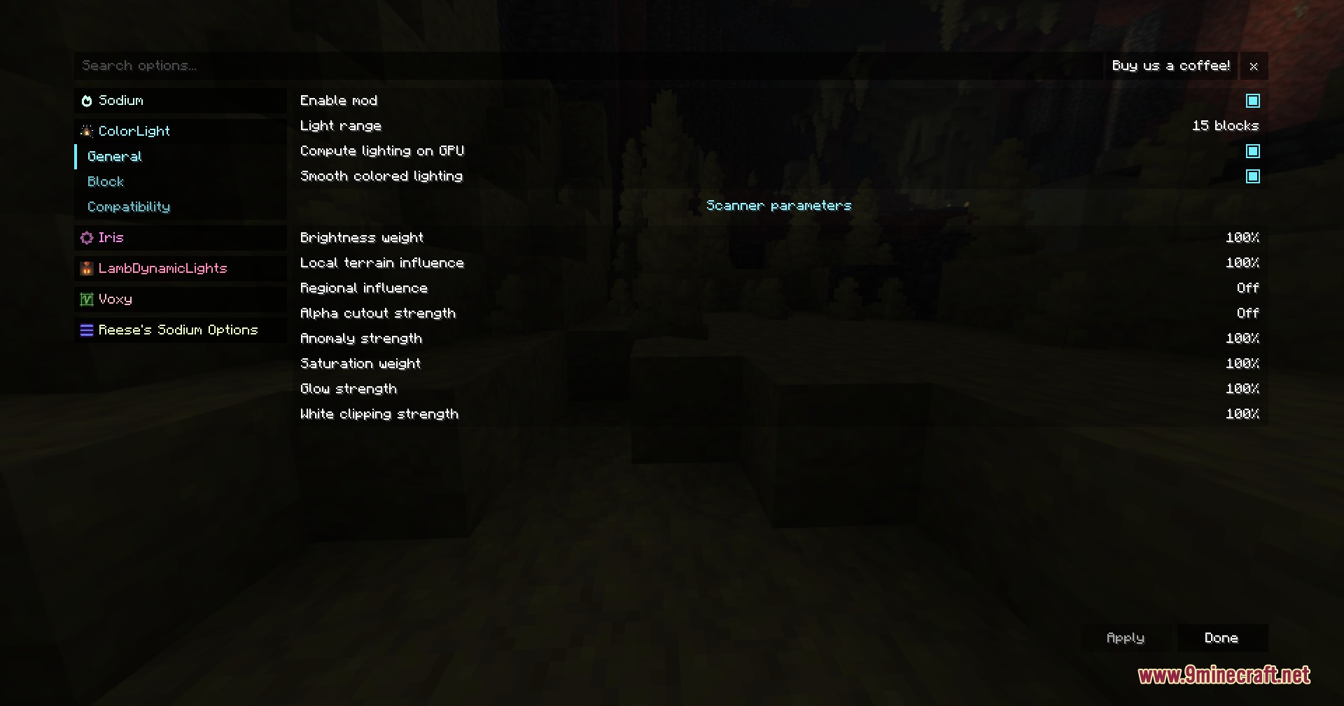 The configuration menu showing various lighting and scanner parameters for the mod