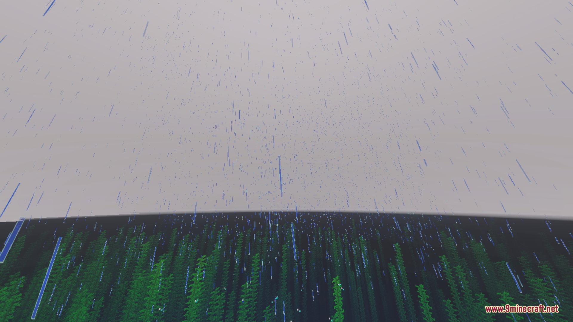 Rain falling over a dark ocean filled with tall green kelp plants