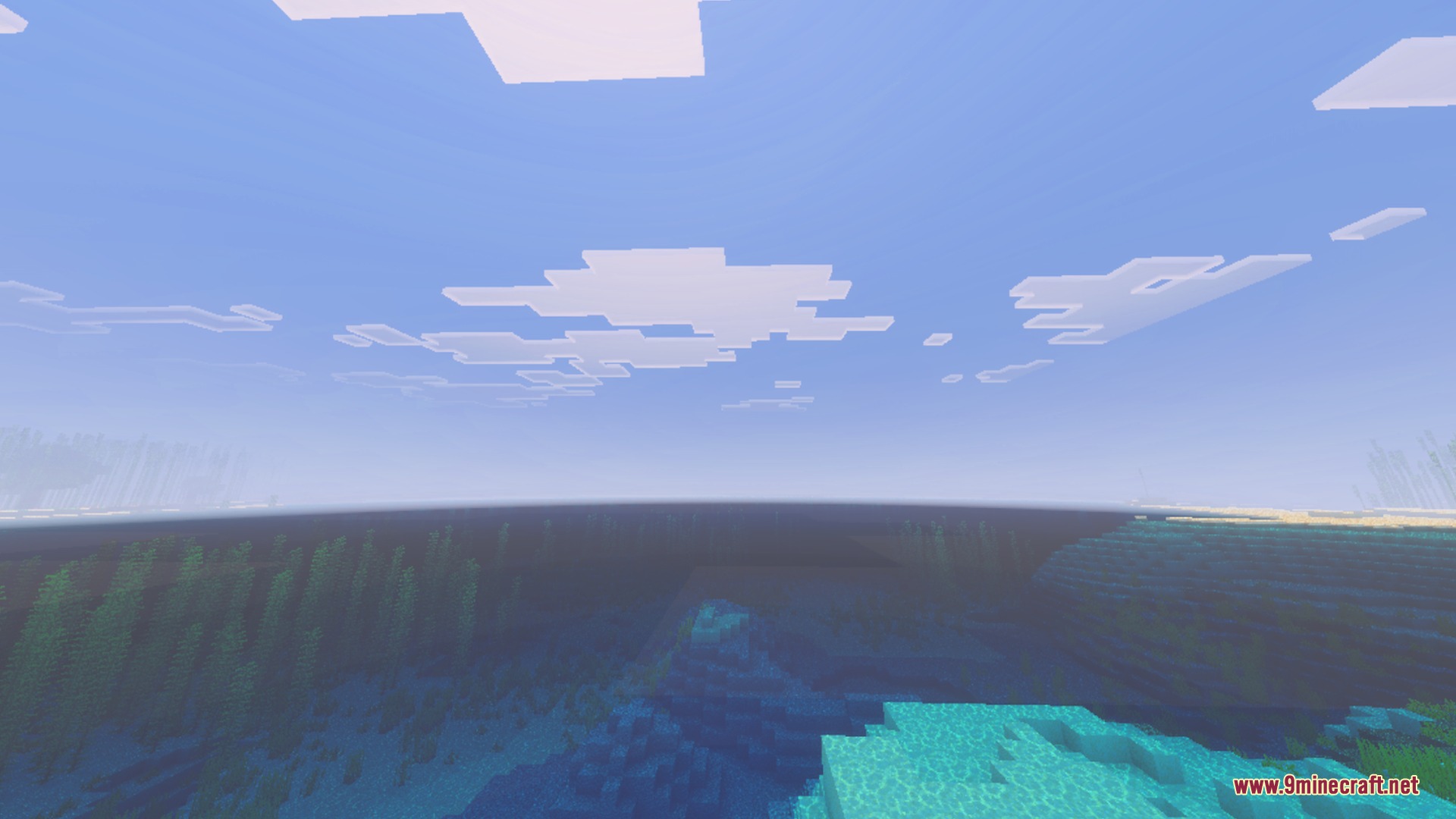 Clear blue water showing underwater terrain and seagrass under a bright sky