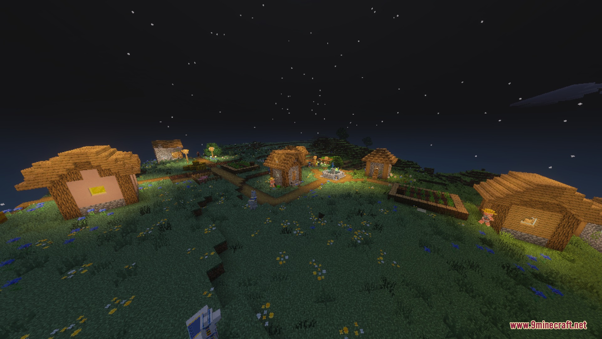 A peaceful Minecraft village illuminated by warm lights under a starry night sky