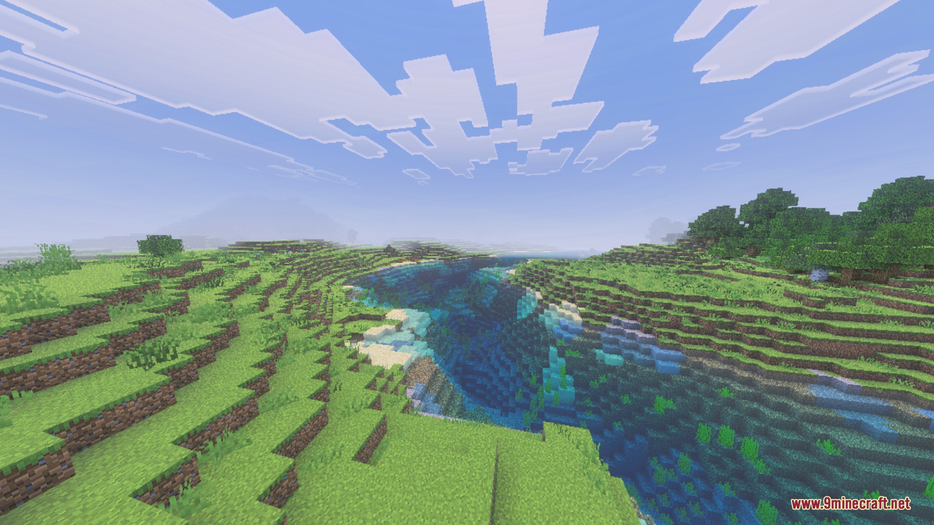 A scenic Minecraft landscape with rolling green hills and a deep blue river