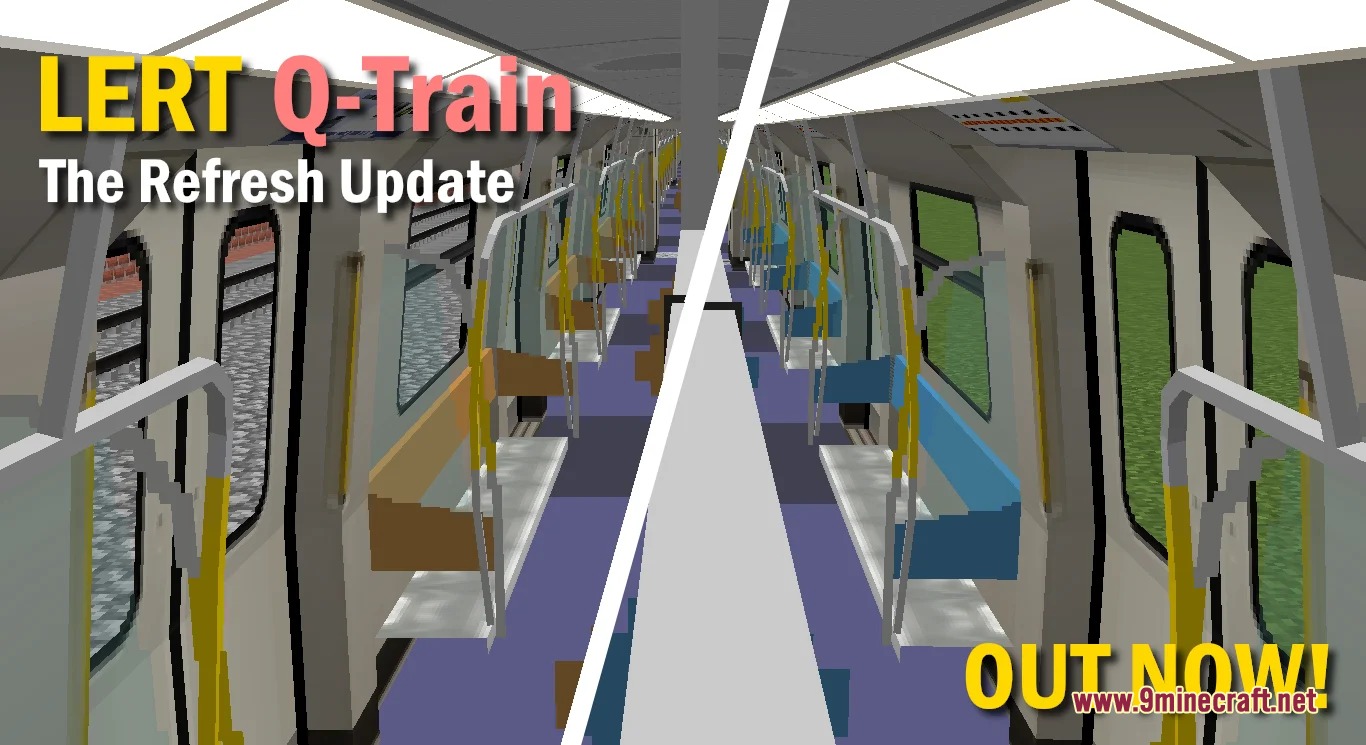 The interior of a train car with blue and yellow passenger seats