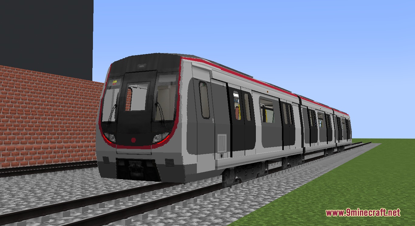 A detailed Q-Train model parked on a railway track in Minecraft