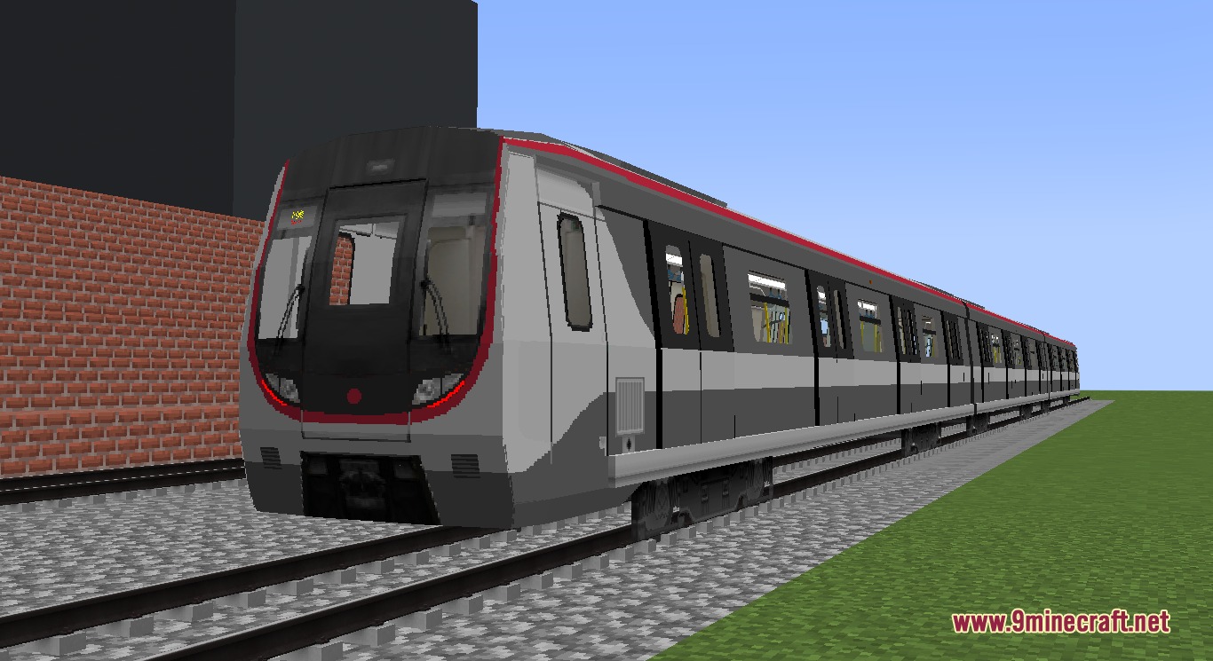 A detailed Q-Train model parked on a railway track in Minecraft