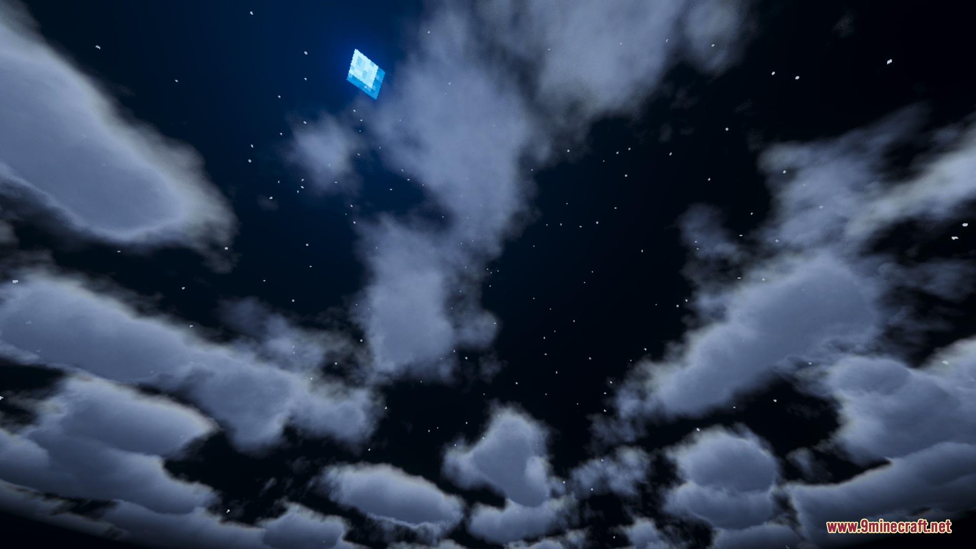 Realistic soft clouds drift across a starry night sky with a square moon