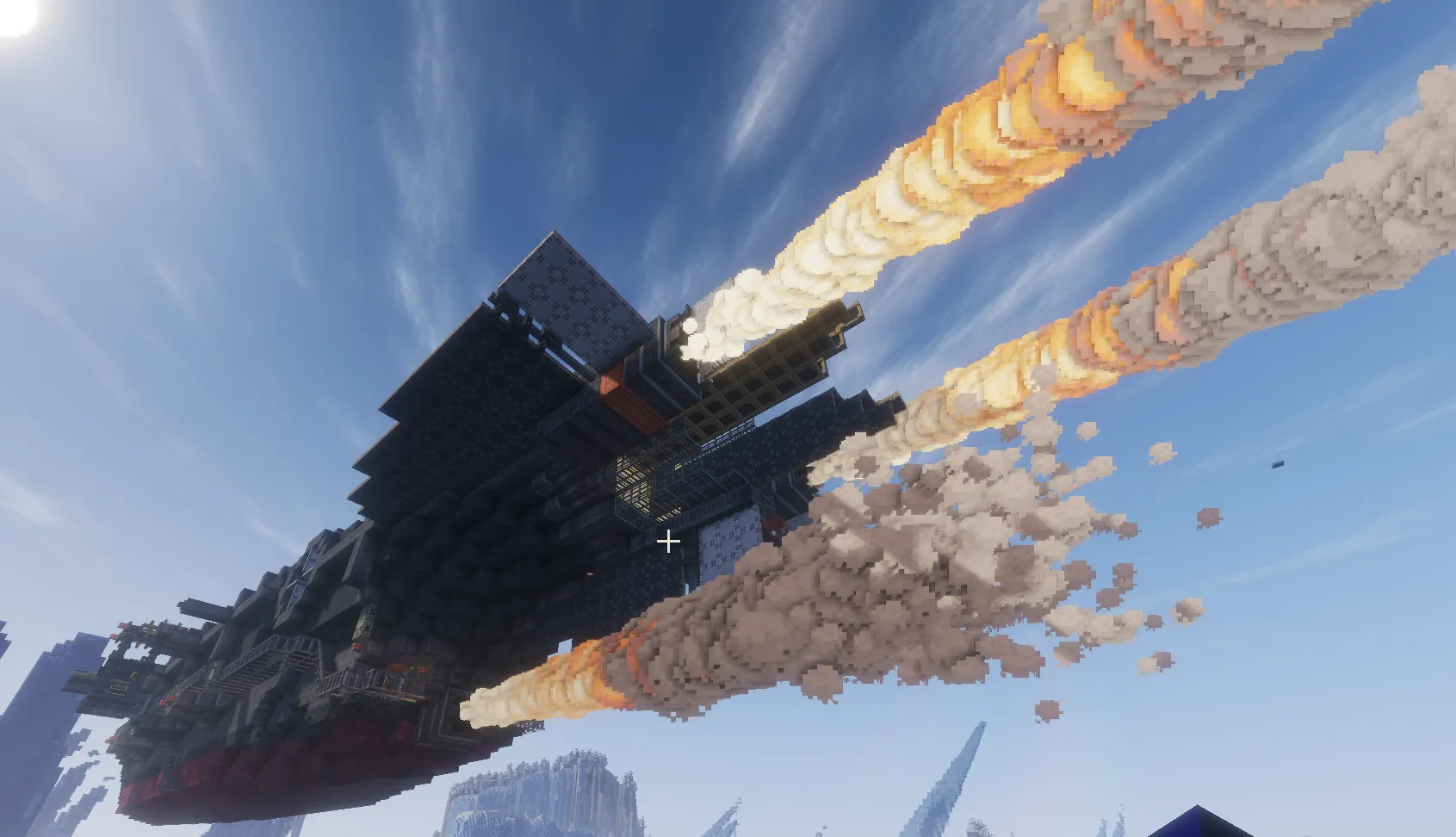 Red Airship Schematic Screenshots 4 A massive airship soaring through the sky with giant fiery exhaust plumes