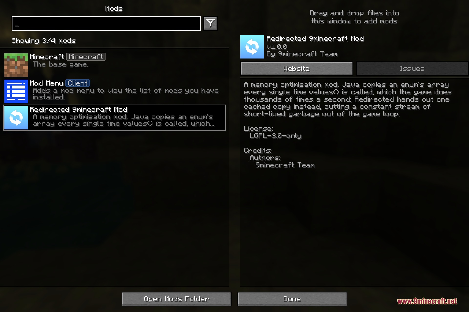 Redirected 9minecraft Mod Screenshot 1 A Minecraft mod menu displaying information about the Redirected technical mod