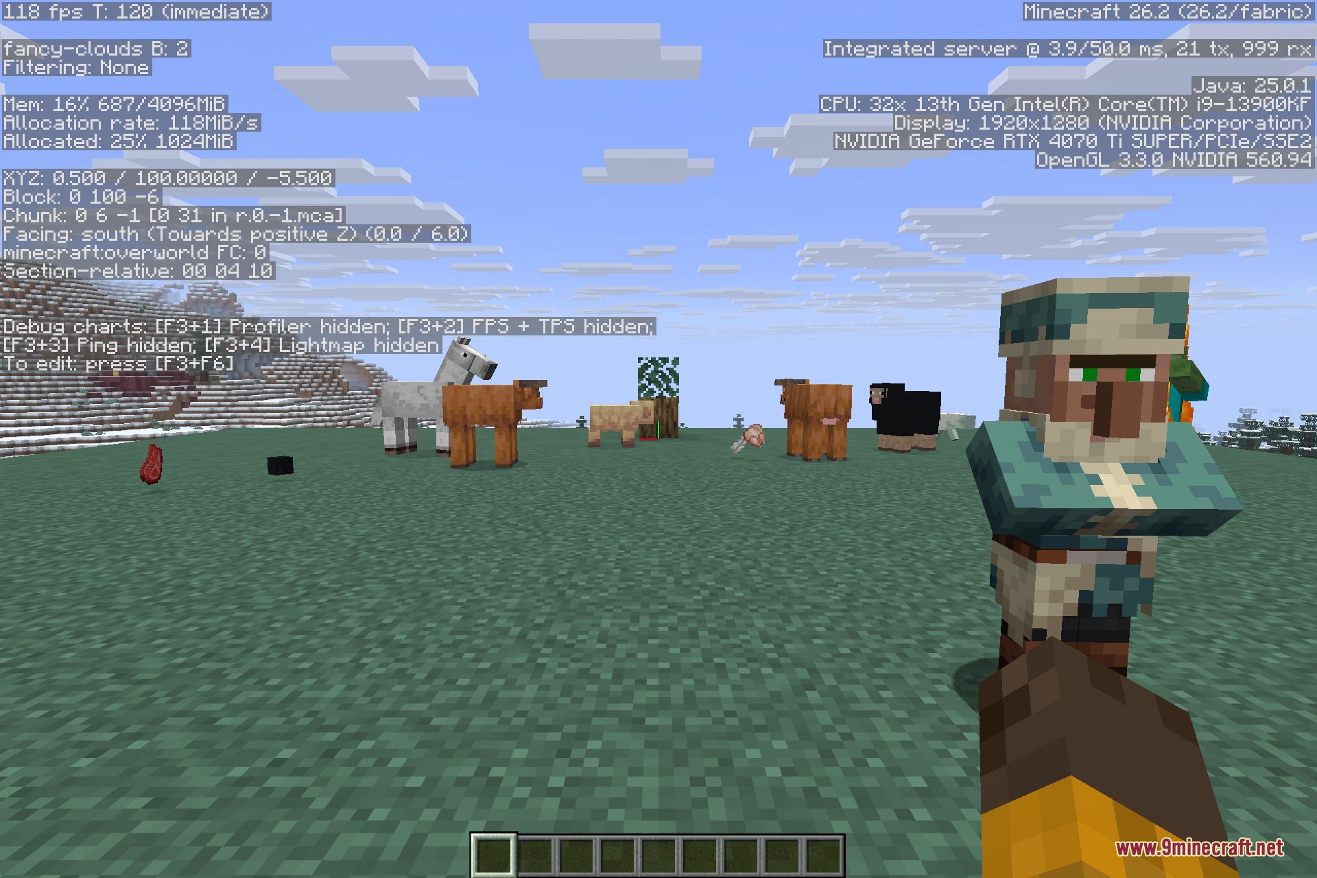 Redirected 9minecraft Mod Screenshot 2 A villager and farm animals standing in a field with debug text