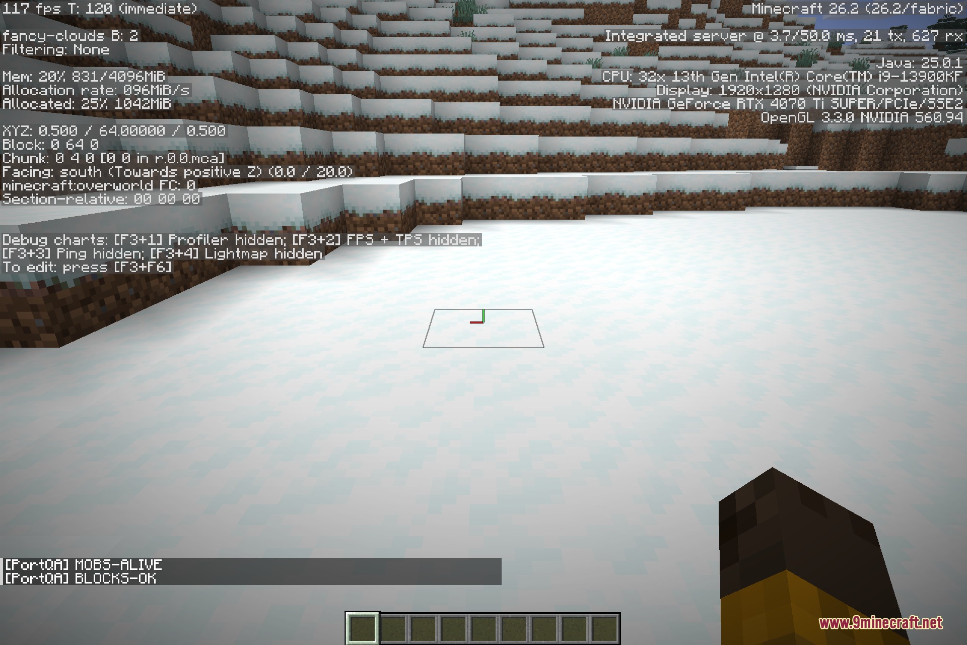 Redirected 9minecraft Mod Screenshot 3 Minecraft debug screen overlaying a snowy landscape with technical information visible