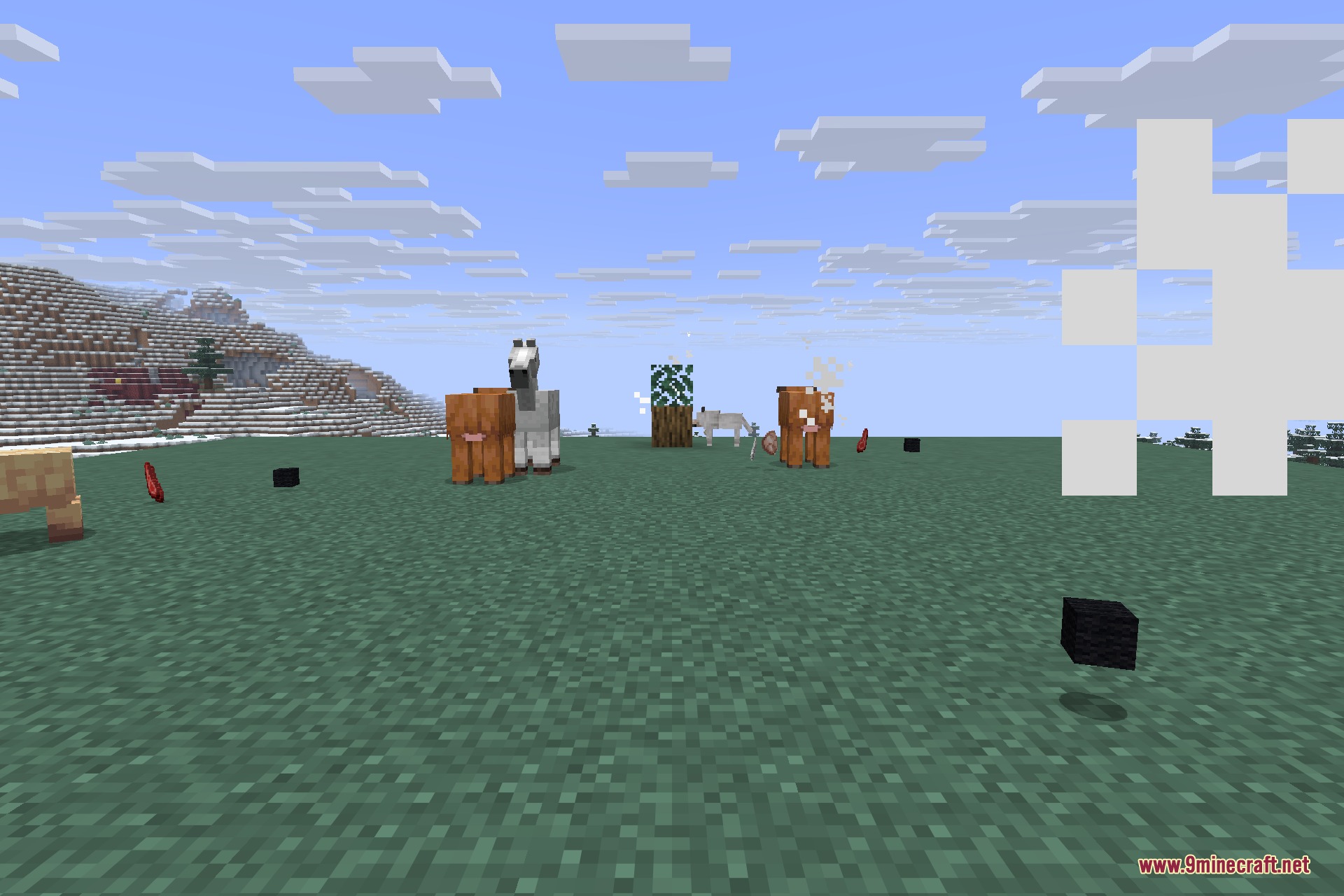 Redirected 9minecraft Mod Screenshot 4 Various animals and items scattered across a flat green Minecraft field