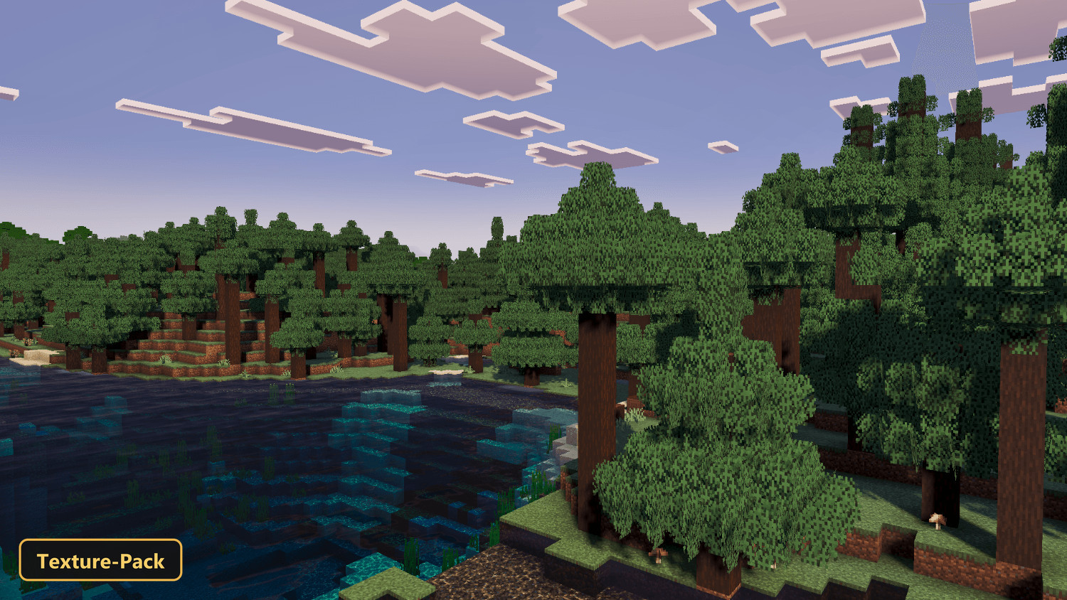 Pine forest next to a clear blue lake with visible underwater terrain