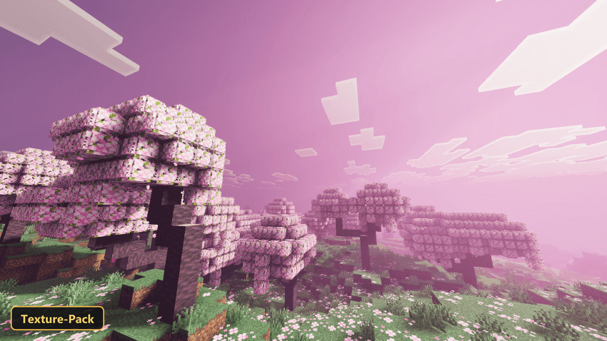 Pink cherry blossom trees under a vibrant pink and purple sky