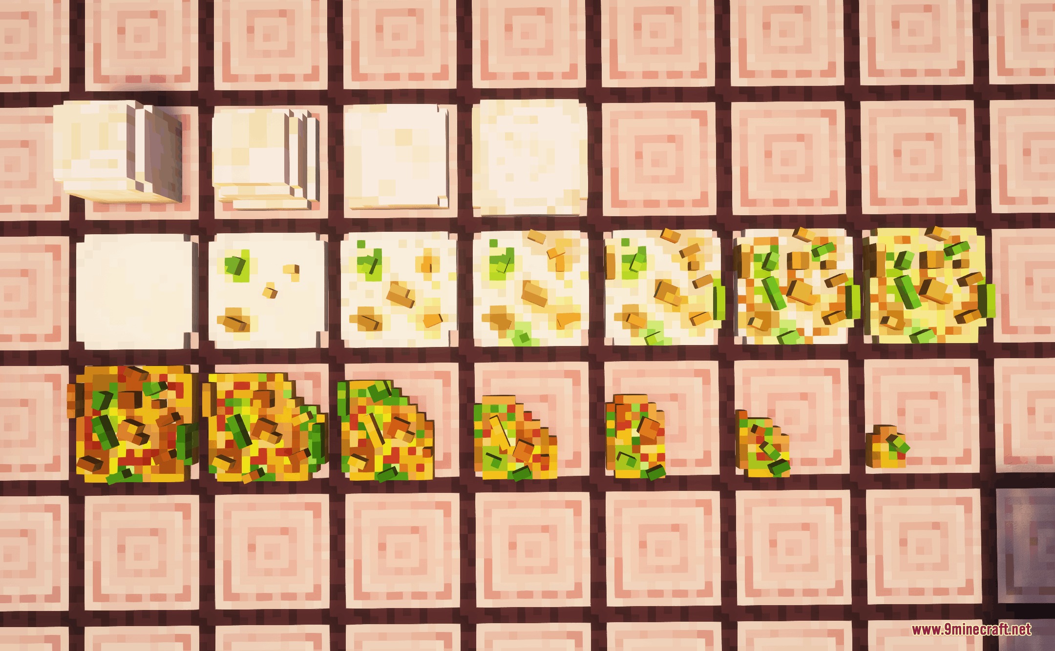 Refined Culinary Mechanics Mod Screenshot 1 Progressive stages of pizza preparation in the Refined Culinary Mechanics Mod