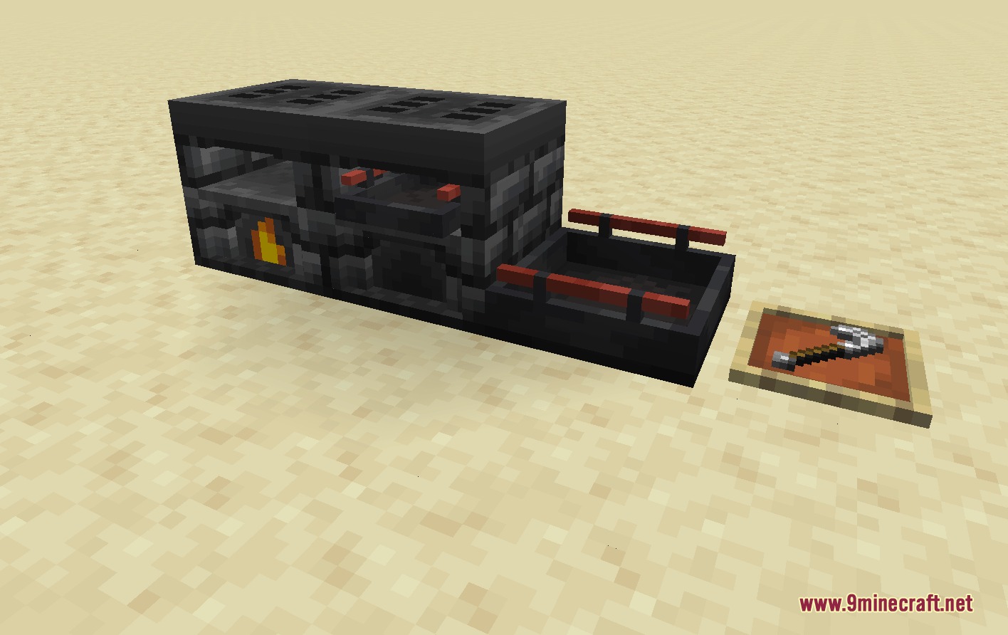 Refined Culinary Mechanics Mod Screenshot 3 A dark kitchen appliance with a small fire and a nearby whisk tool