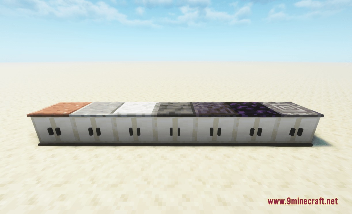 Refined Culinary Mechanics Mod Screenshot 6 Various kitchen cabinets from Refined Culinary Mechanics Mod displayed in a row