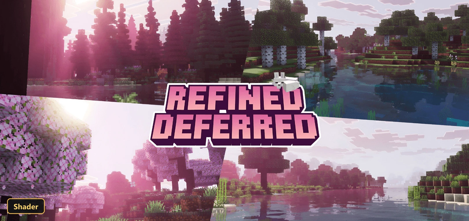 split image of various biomes with pink and blue hues, resource pack title