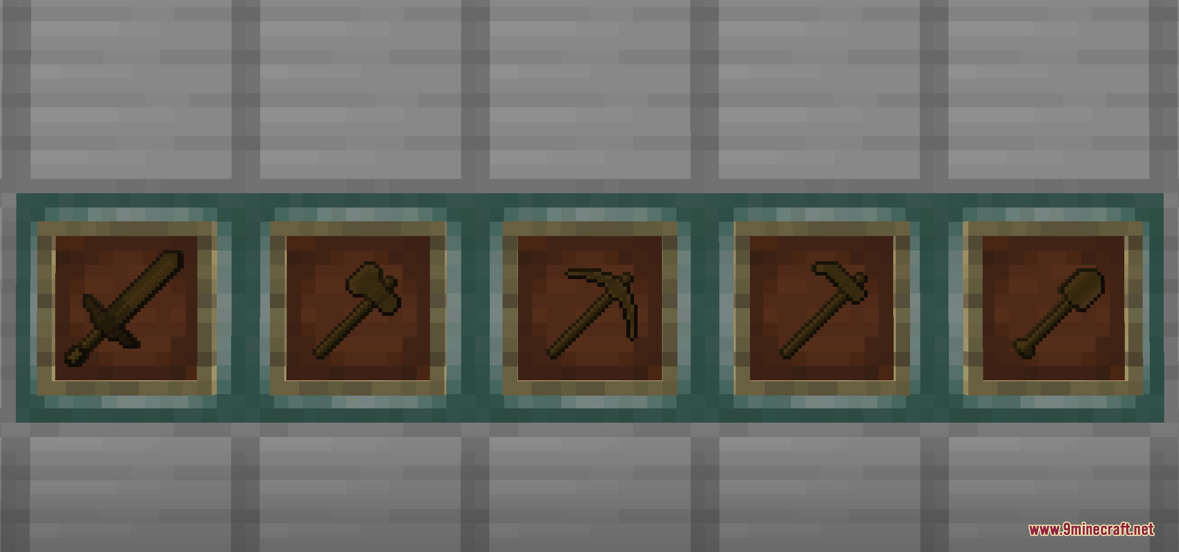 Upgraded wooden tool designs displayed in item frames on a wall