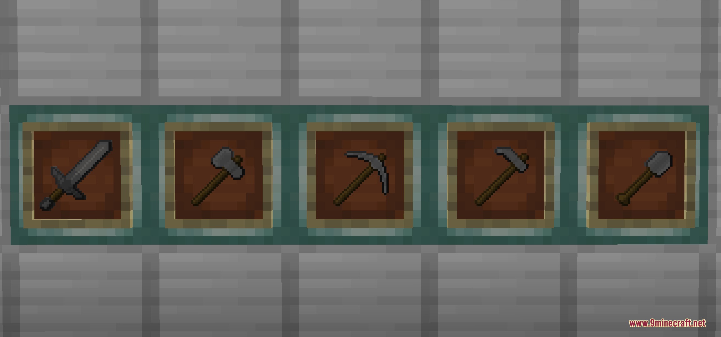 Upgraded stone tool designs displayed in item frames on a wall