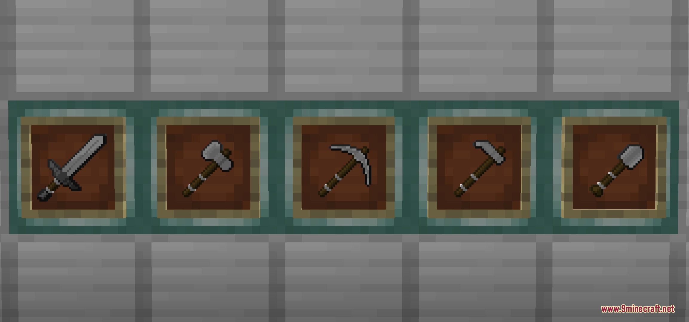 Iron sword axe pickaxe hoe and shovel displayed in item frames