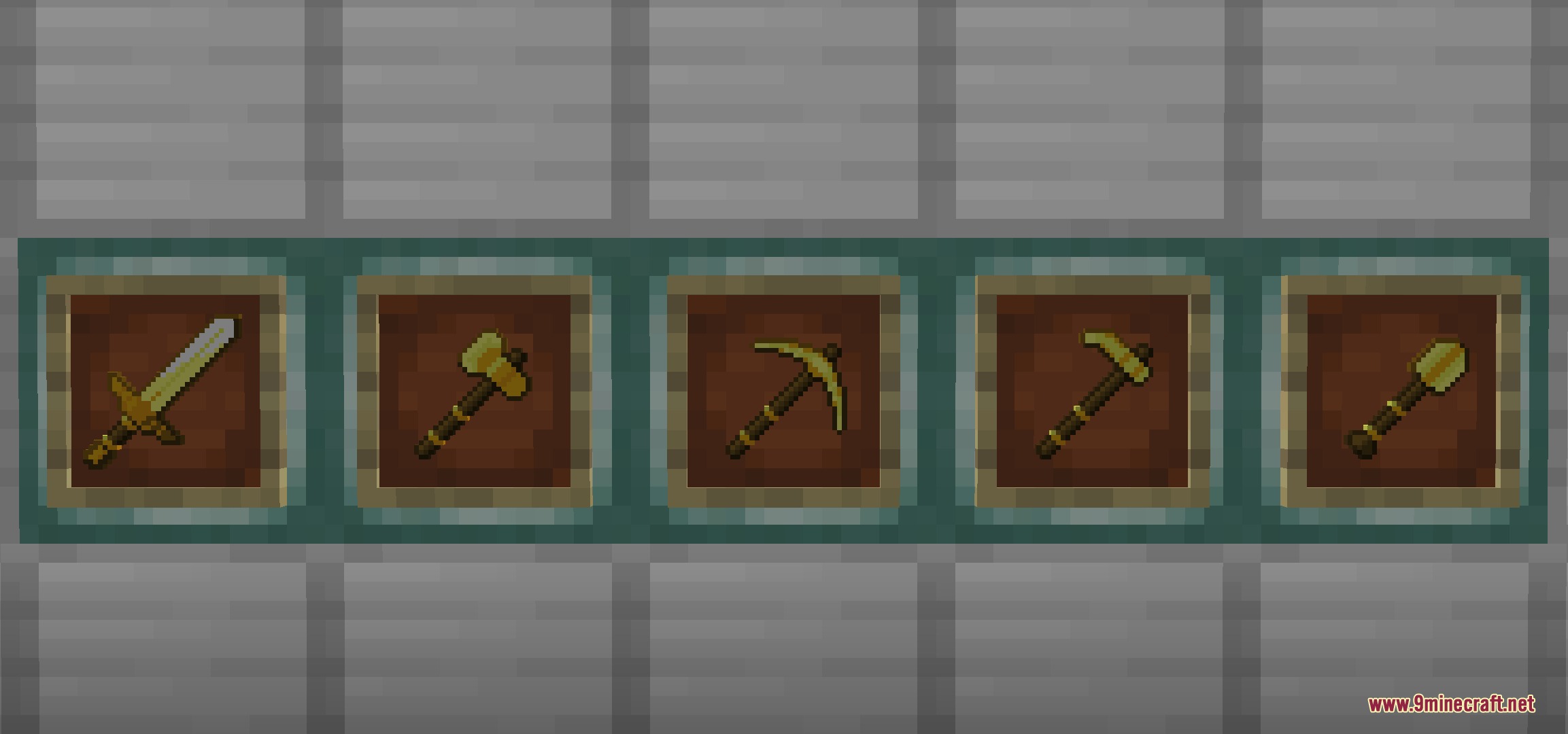 Golden sword axe pickaxe hoe and shovel displayed in item frames