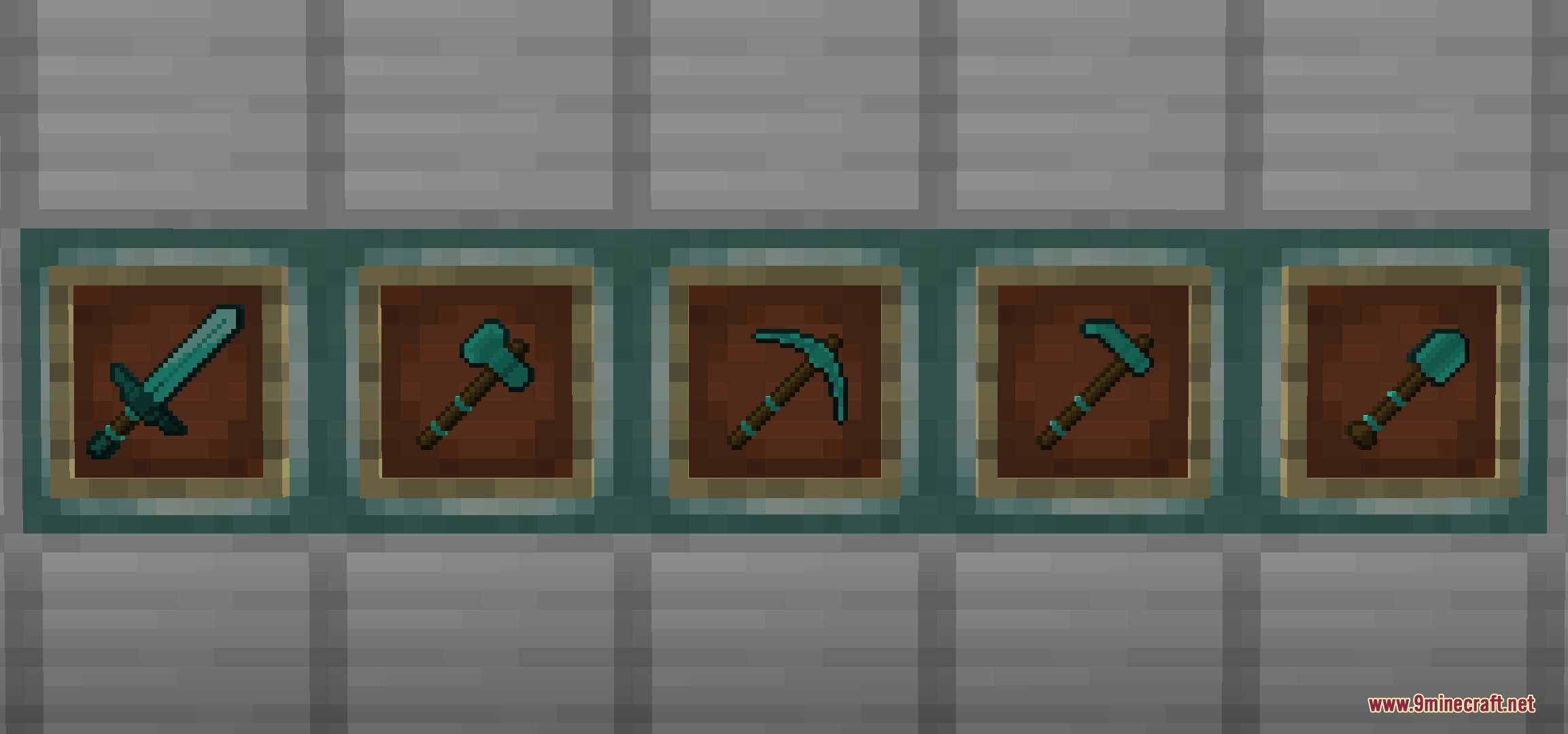 Reworked diamond tools with teal trims displayed in item frames on a wall