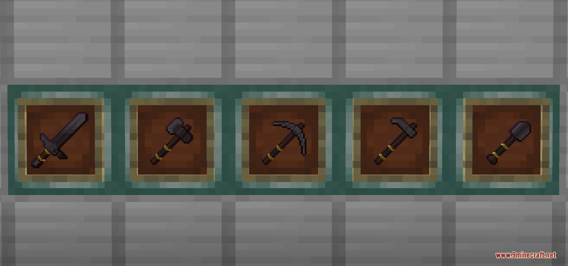 Reworked netherite tools with gold trims displayed in item frames on a wall