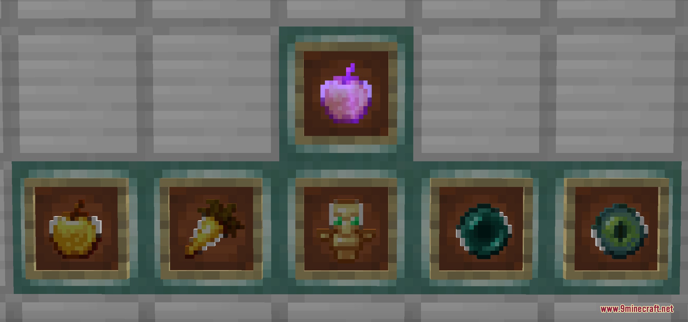 Golden food and utility items displayed with animated textures in frames