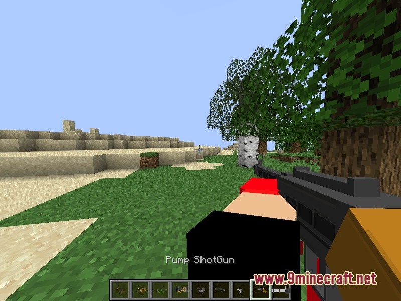 Relic Firepower Mod Screenshot 2 Player holding a pump shotgun while exploring a grassy Minecraft biome