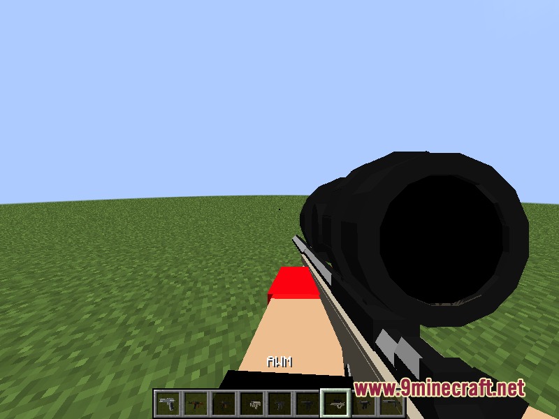 Relic Firepower Mod Screenshot 3 Player aiming a scoped sniper rifle in a flat Minecraft world