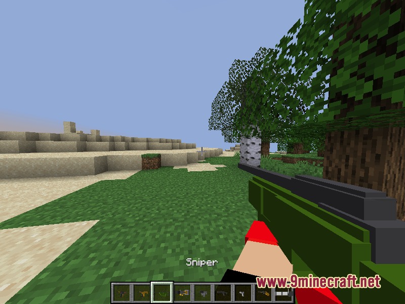 Relic Firepower Mod Screenshot 6 Minecraft player holding a green sniper rifle near a birch tree