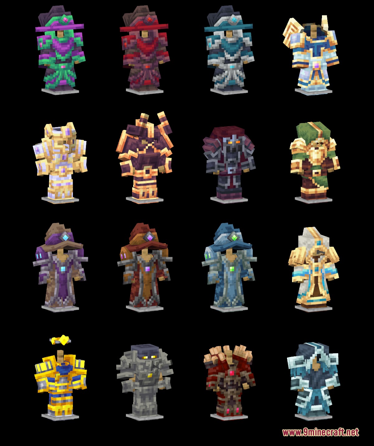 Relic Plate Regalia Mod Screenshot 3 Sixteen mythical armor sets from the Relic Plate Regalia mod on armor stands