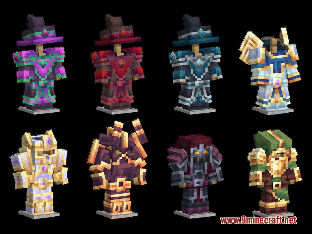 Relic Plate Regalia Mod Screenshot 4 Eight detailed fantasy armor sets with glowing elements shown on armor stands