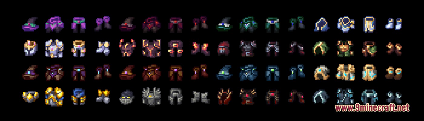 Relic Plate Regalia Mod Screenshot 5 A collection of detailed pixel art icons for various mythical RPG armor sets