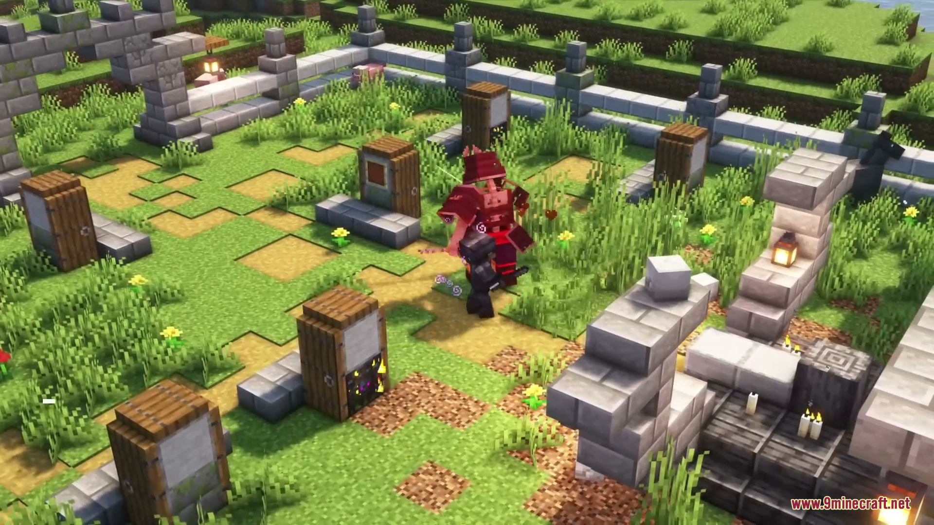 Relic Shard Armory Mod Screenshot 1 A player wearing red armor fights a mob in a samurai graveyard