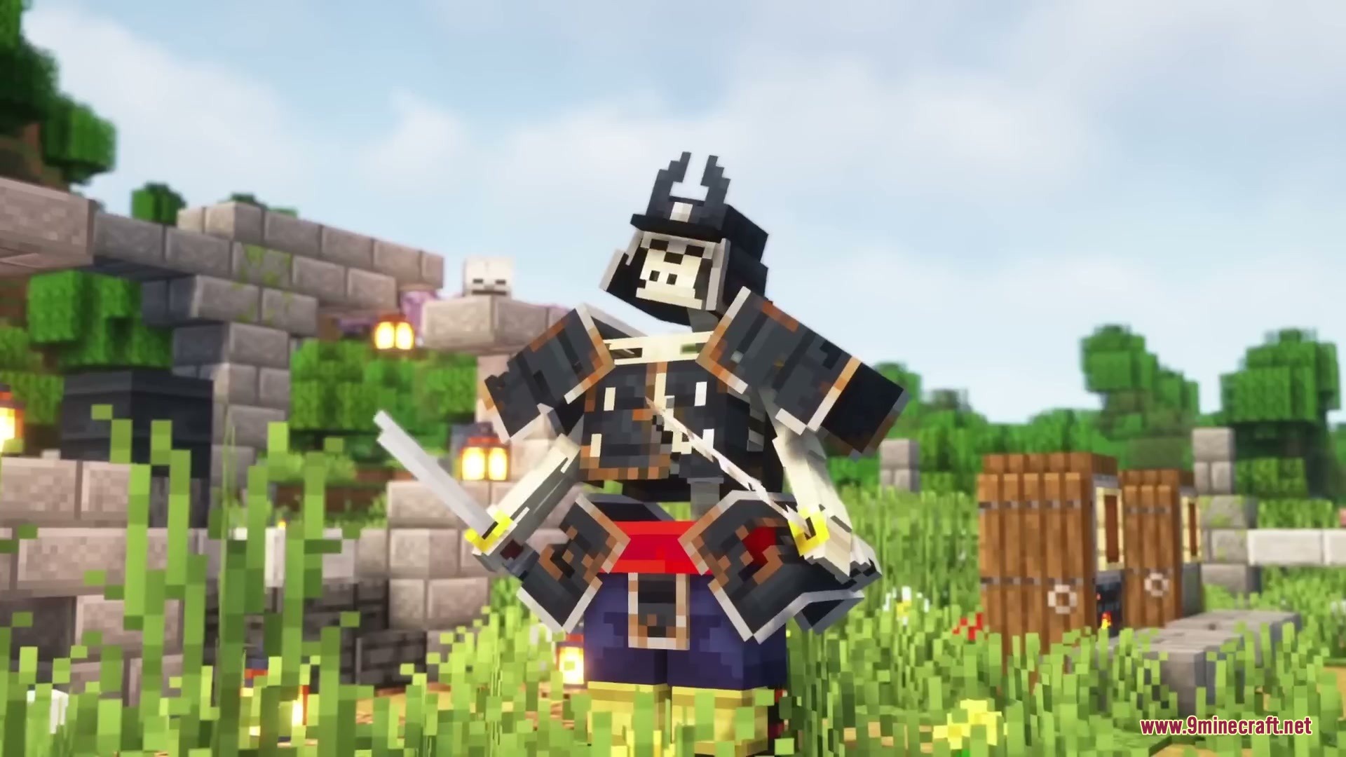 Relic Shard Armory Mod Screenshot 2 A samurai mob wearing black armor holds two swords in a grassy field