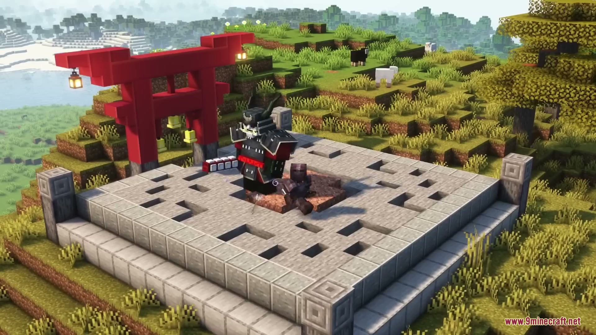Relic Shard Armory Mod Screenshot 4 Giant samurai boss standing in a stone arena with a torii gate