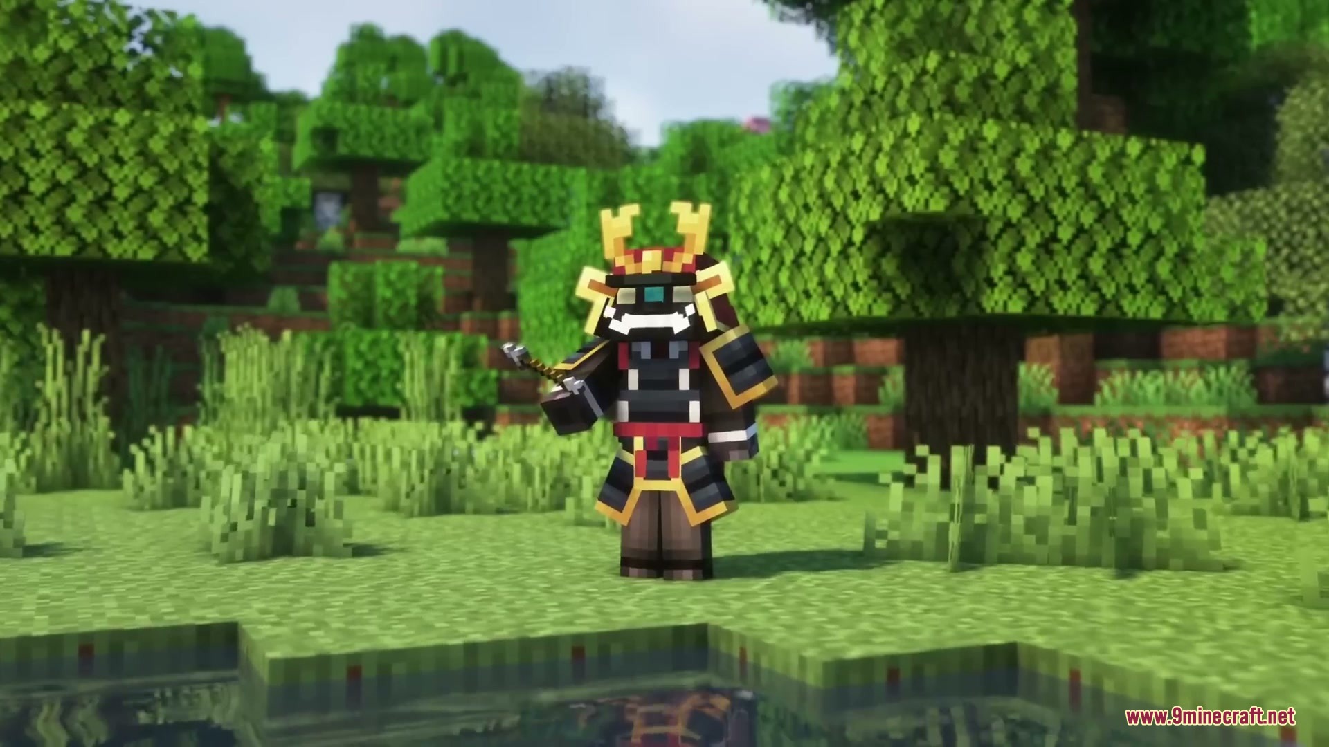 Relic Shard Armory Mod Screenshot 5 A player wearing black and gold samurai armor stands near a forest pond