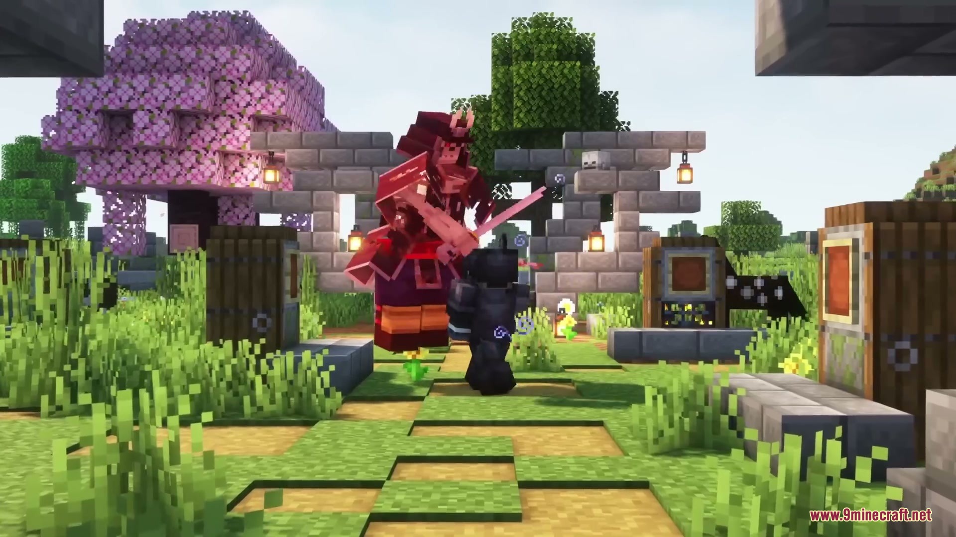 Relic Shard Armory Mod Screenshot 6 A player fights a giant red samurai boss in a stone battle arena