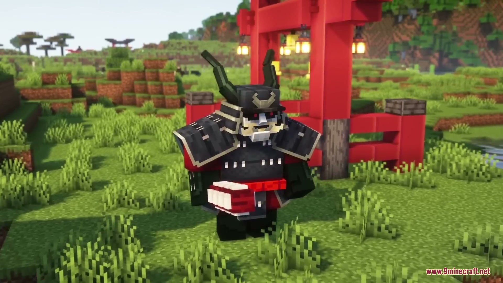 Relic Shard Armory Mod Screenshot 8 A samurai warrior wearing dark armor stands in a grassy Minecraft field