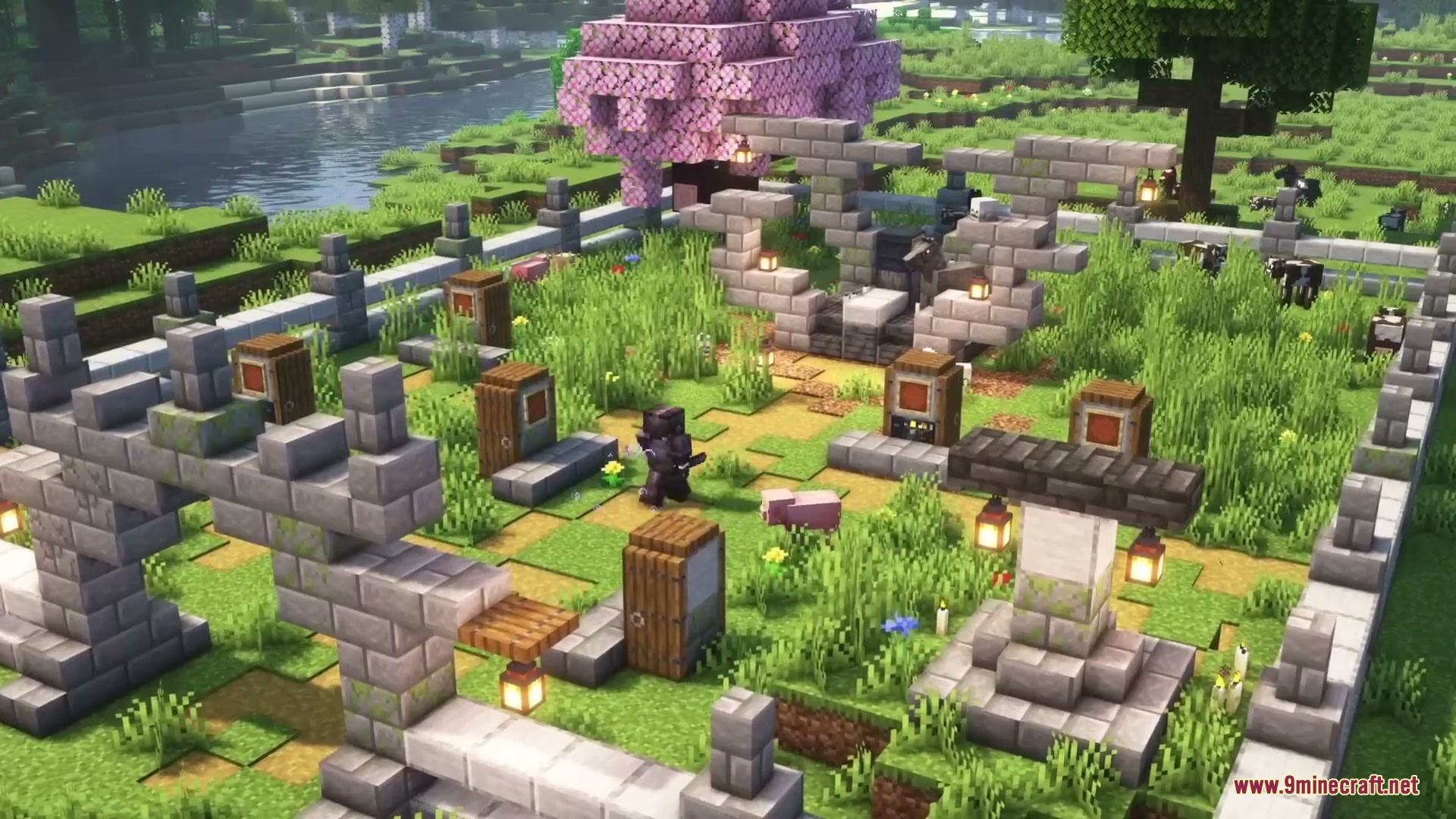 Relic Shard Armory Mod Screenshot 9 A player explores a samurai graveyard structure with stone arches and lanterns
